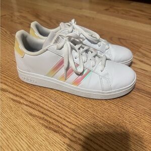 Adidas White Sneakers with Pastel Stripes